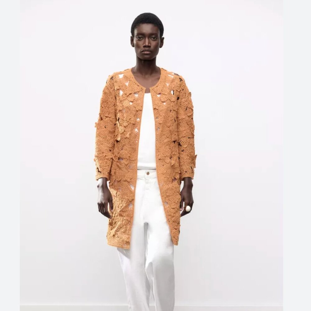Zara Women MACRAMÉ OPEN COAT Tan Camel Crochet Coat Long Cardigan 2142/156